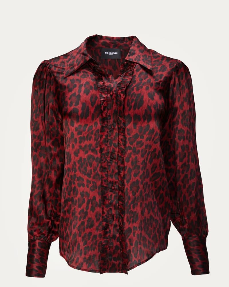 Front of a size 4 (X-Large) Leopard Button Down in Red Leopard in Red Leopard by THE KOOPLES. | dia_product_style_image_id:333399